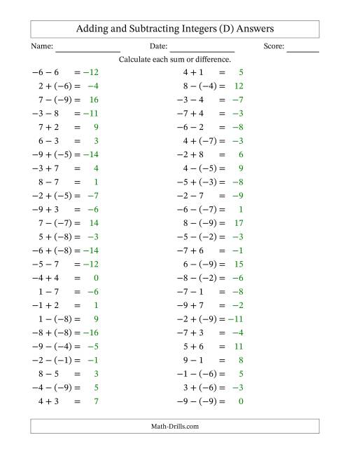 The Adding and Subtracting Mixed Integers from -9 to 9 (50 Questions) (D) Math Worksheet Page 2
