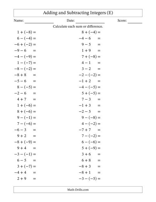 The Adding and Subtracting Mixed Integers from -9 to 9 (50 Questions) (E) Math Worksheet
