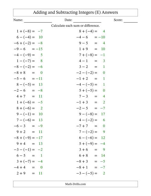 The Adding and Subtracting Mixed Integers from -9 to 9 (50 Questions) (E) Math Worksheet Page 2