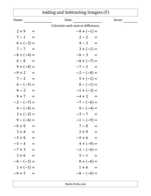 The Adding and Subtracting Mixed Integers from -9 to 9 (50 Questions) (F) Math Worksheet