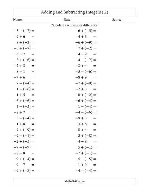 The Adding and Subtracting Mixed Integers from -9 to 9 (50 Questions) (G) Math Worksheet