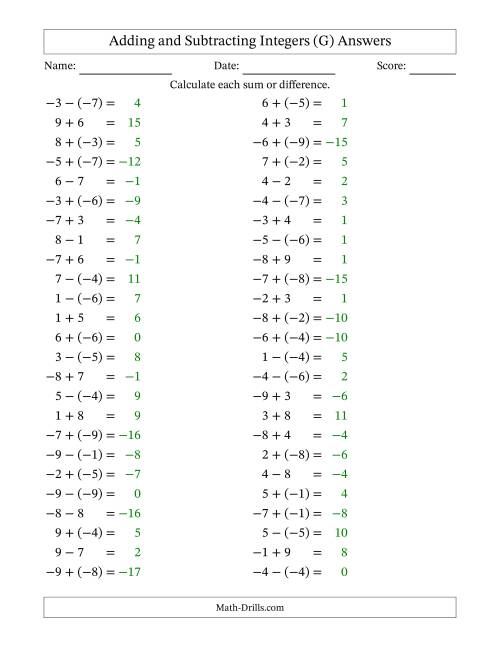 The Adding and Subtracting Mixed Integers from -9 to 9 (50 Questions) (G) Math Worksheet Page 2