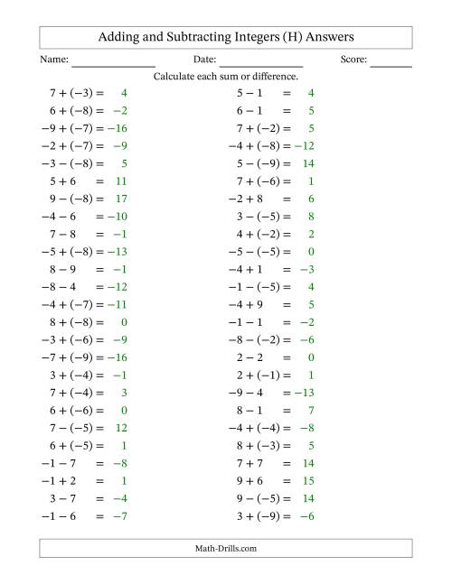 The Adding and Subtracting Mixed Integers from -9 to 9 (50 Questions) (H) Math Worksheet Page 2