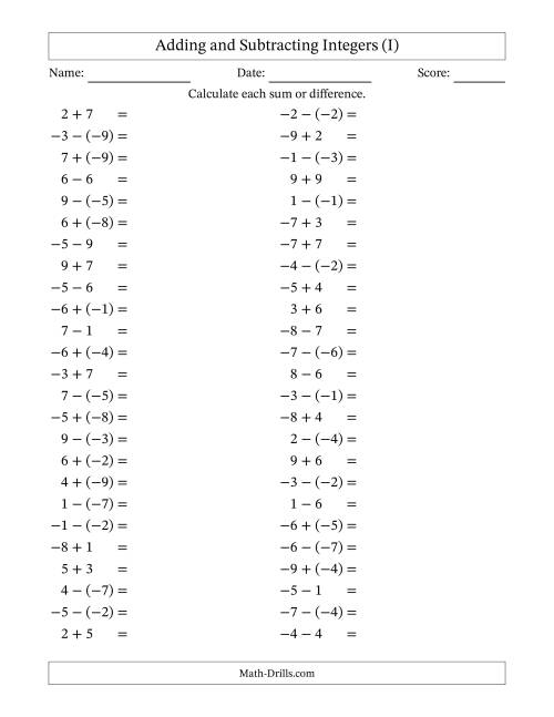 The Adding and Subtracting Mixed Integers from -9 to 9 (50 Questions) (I) Math Worksheet