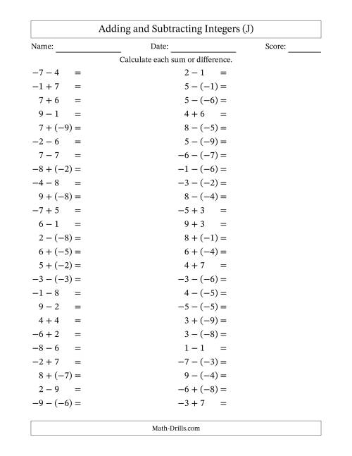 The Adding and Subtracting Mixed Integers from -9 to 9 (50 Questions) (J) Math Worksheet