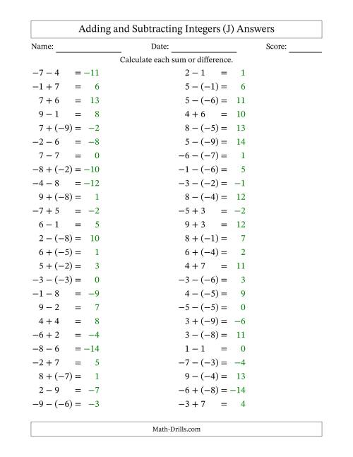 The Adding and Subtracting Mixed Integers from -9 to 9 (50 Questions) (J) Math Worksheet Page 2
