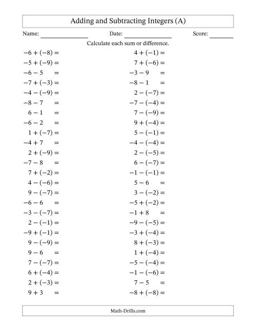 The Adding and Subtracting Mixed Integers from -9 to 9 (50 Questions) (All) Math Worksheet