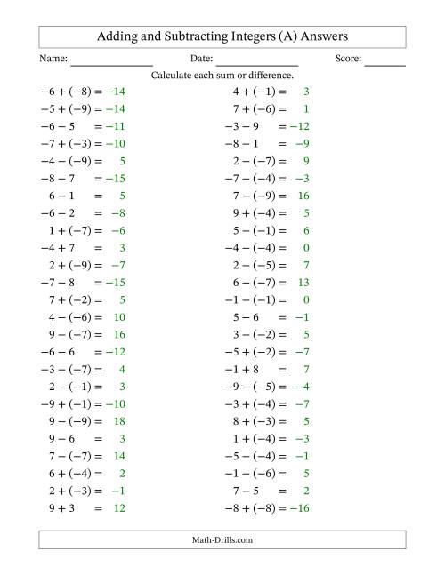 The Adding and Subtracting Mixed Integers from -9 to 9 (50 Questions) (All) Math Worksheet Page 2