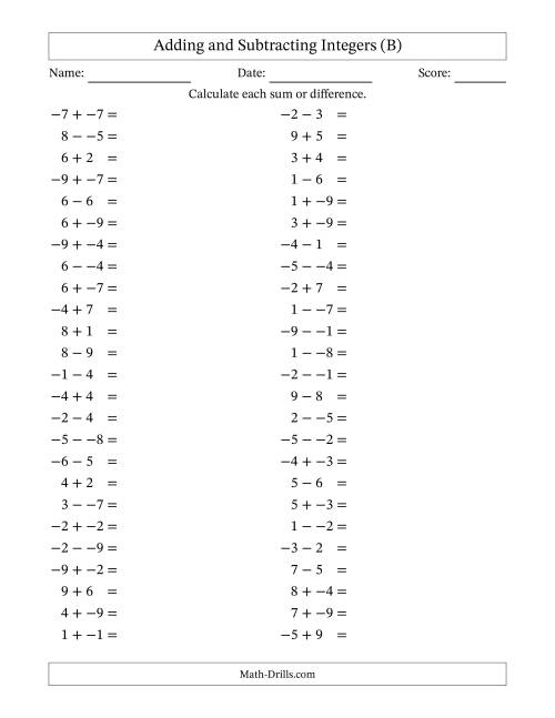 The Adding and Subtracting Mixed Integers from -9 to 9 (50 Questions; No Parentheses) (B) Math Worksheet