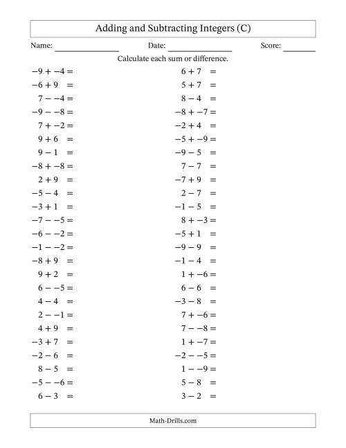 The Adding and Subtracting Mixed Integers from -9 to 9 (50 Questions; No Parentheses) (C) Math Worksheet