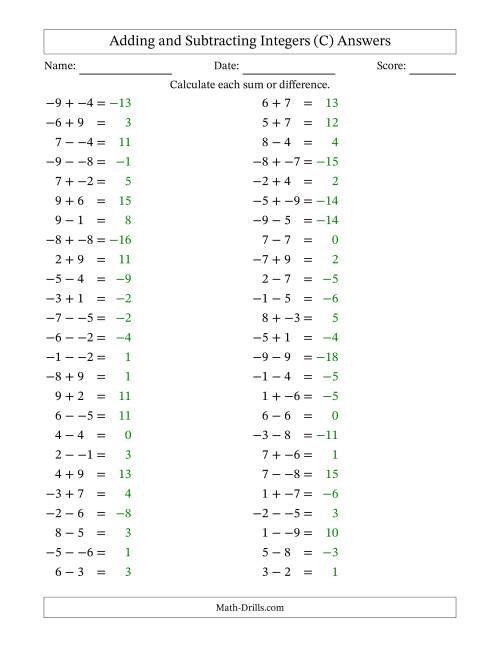 The Adding and Subtracting Mixed Integers from -9 to 9 (50 Questions; No Parentheses) (C) Math Worksheet Page 2