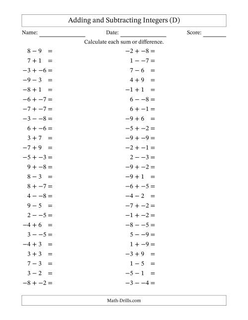 The Adding and Subtracting Mixed Integers from -9 to 9 (50 Questions; No Parentheses) (D) Math Worksheet