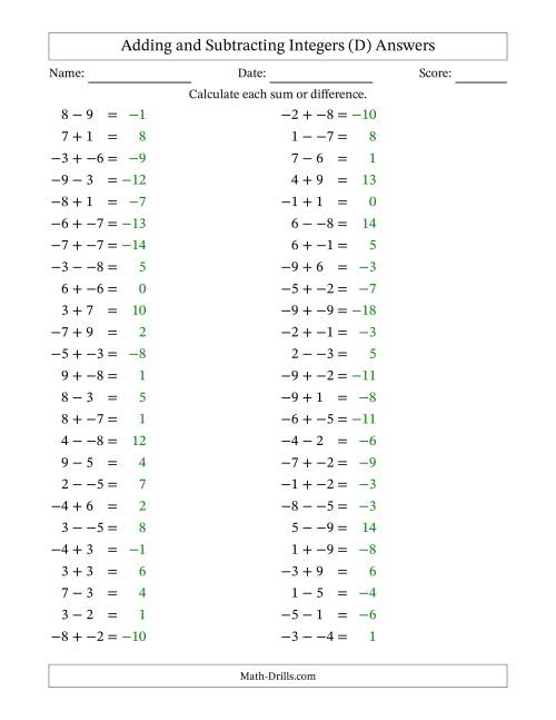 The Adding and Subtracting Mixed Integers from -9 to 9 (50 Questions; No Parentheses) (D) Math Worksheet Page 2