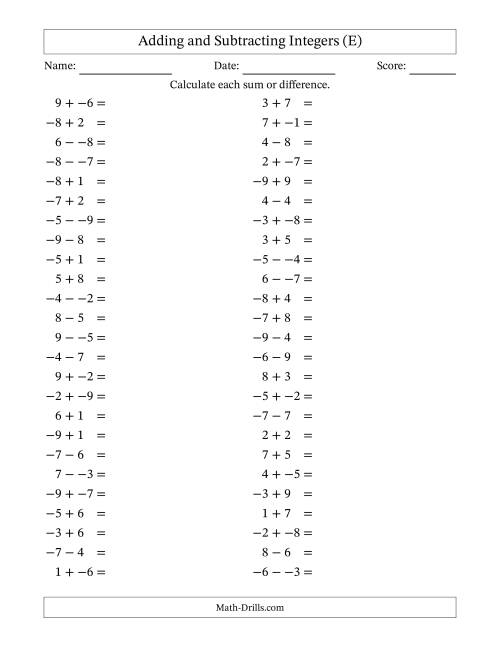 The Adding and Subtracting Mixed Integers from -9 to 9 (50 Questions; No Parentheses) (E) Math Worksheet