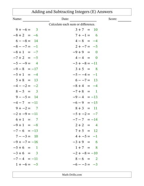 The Adding and Subtracting Mixed Integers from -9 to 9 (50 Questions; No Parentheses) (E) Math Worksheet Page 2