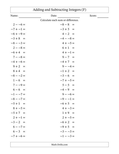 The Adding and Subtracting Mixed Integers from -9 to 9 (50 Questions; No Parentheses) (F) Math Worksheet