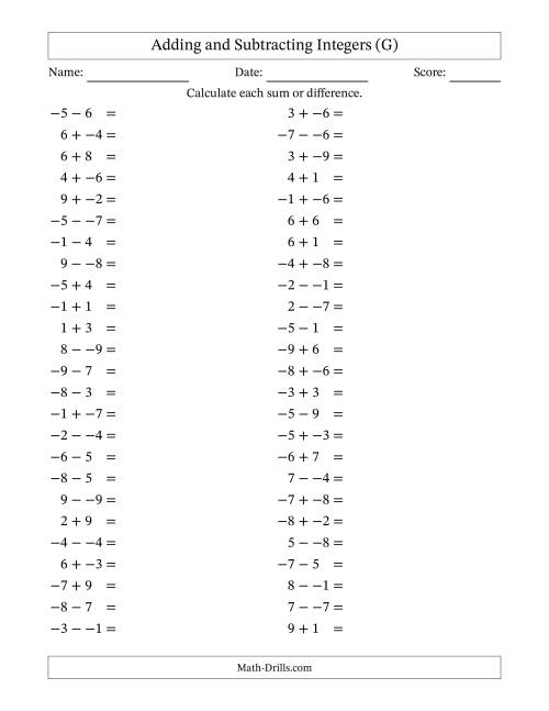 The Adding and Subtracting Mixed Integers from -9 to 9 (50 Questions; No Parentheses) (G) Math Worksheet