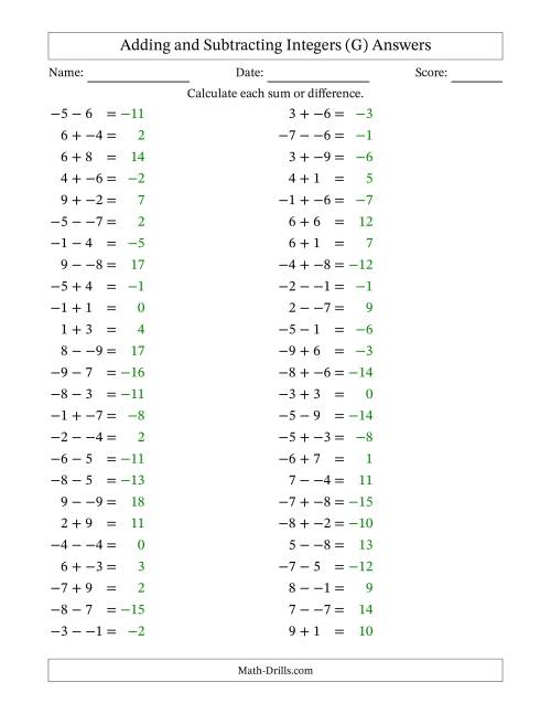 The Adding and Subtracting Mixed Integers from -9 to 9 (50 Questions; No Parentheses) (G) Math Worksheet Page 2