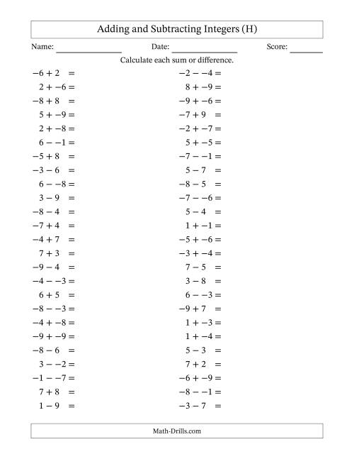 The Adding and Subtracting Mixed Integers from -9 to 9 (50 Questions; No Parentheses) (H) Math Worksheet