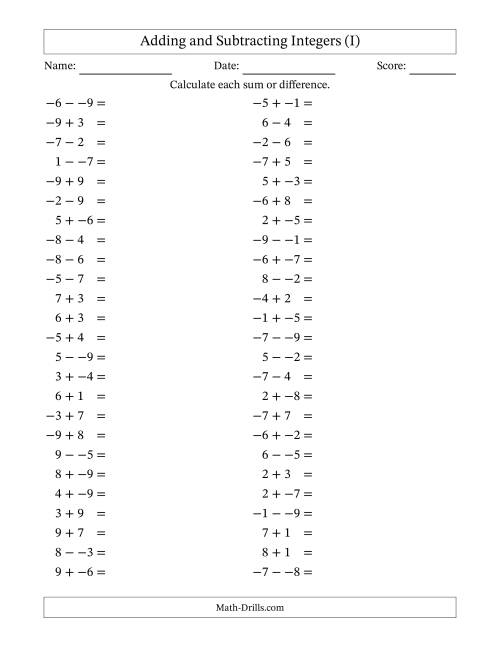 The Adding and Subtracting Mixed Integers from -9 to 9 (50 Questions; No Parentheses) (I) Math Worksheet