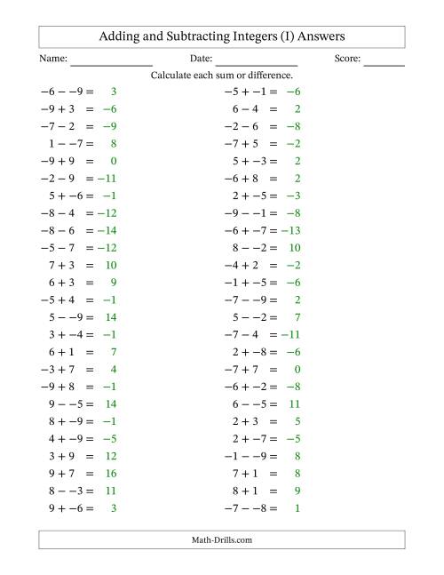 The Adding and Subtracting Mixed Integers from -9 to 9 (50 Questions; No Parentheses) (I) Math Worksheet Page 2