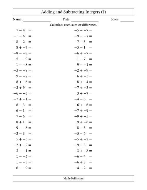 The Adding and Subtracting Mixed Integers from -9 to 9 (50 Questions; No Parentheses) (J) Math Worksheet