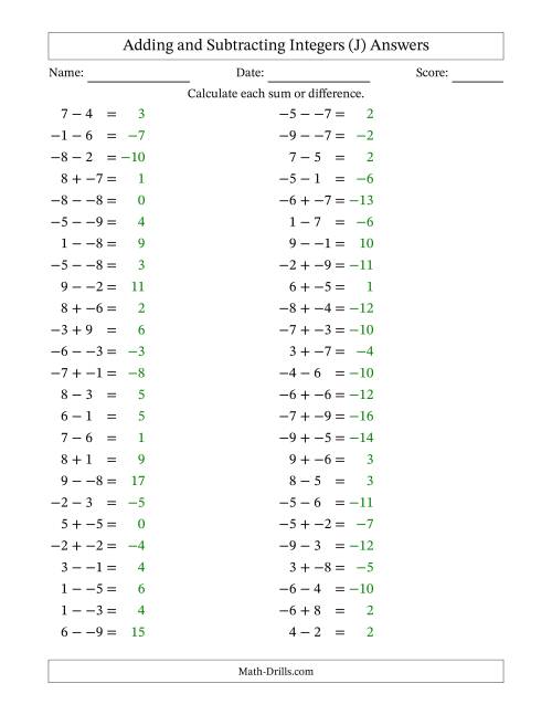 The Adding and Subtracting Mixed Integers from -9 to 9 (50 Questions; No Parentheses) (J) Math Worksheet Page 2