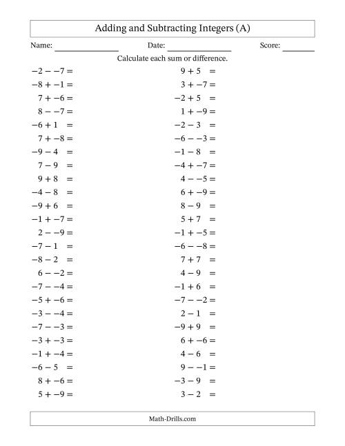 The Adding and Subtracting Mixed Integers from -9 to 9 (50 Questions; No Parentheses) (All) Math Worksheet