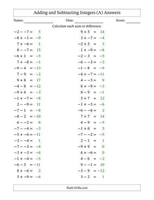 The Adding and Subtracting Mixed Integers from -9 to 9 (50 Questions; No Parentheses) (All) Math Worksheet Page 2