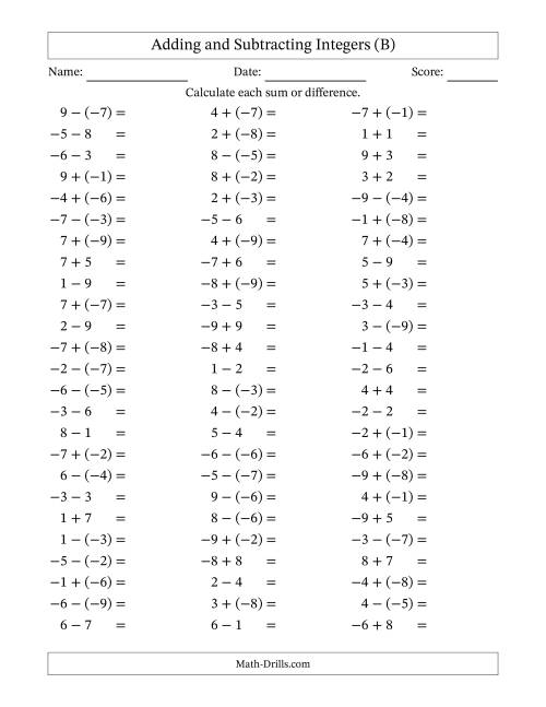 The Adding and Subtracting Mixed Integers from -9 to 9 (75 Questions) (B) Math Worksheet