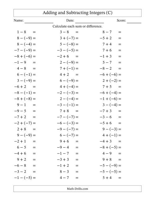 The Adding and Subtracting Mixed Integers from -9 to 9 (75 Questions) (C) Math Worksheet
