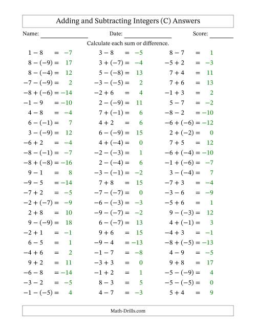 The Adding and Subtracting Mixed Integers from -9 to 9 (75 Questions) (C) Math Worksheet Page 2