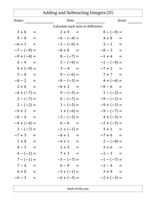 The Adding and Subtracting Mixed Integers from -9 to 9 (75 Questions) (D) Math Worksheet