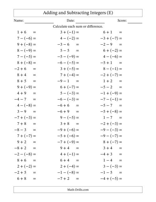 The Adding and Subtracting Mixed Integers from -9 to 9 (75 Questions) (E) Math Worksheet