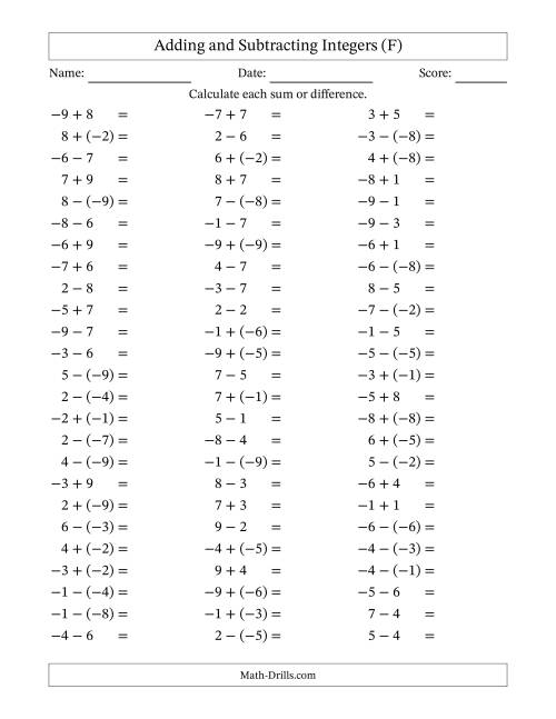 The Adding and Subtracting Mixed Integers from -9 to 9 (75 Questions) (F) Math Worksheet