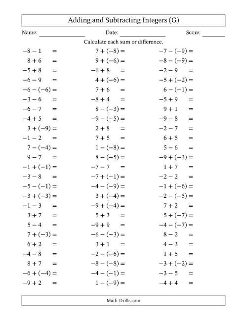 The Adding and Subtracting Mixed Integers from -9 to 9 (75 Questions) (G) Math Worksheet
