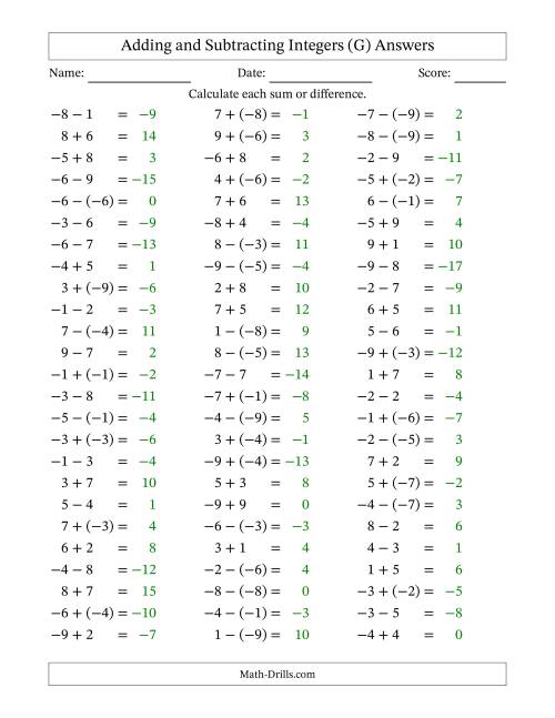 The Adding and Subtracting Mixed Integers from -9 to 9 (75 Questions) (G) Math Worksheet Page 2