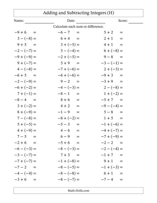 The Adding and Subtracting Mixed Integers from -9 to 9 (75 Questions) (H) Math Worksheet