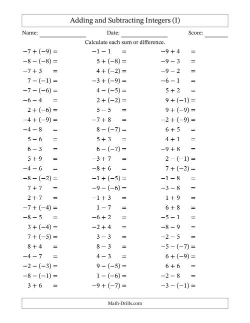The Adding and Subtracting Mixed Integers from -9 to 9 (75 Questions) (I) Math Worksheet