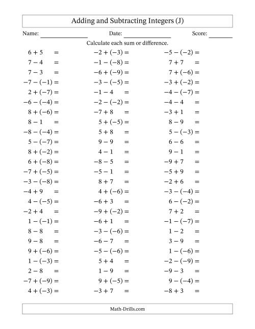 The Adding and Subtracting Mixed Integers from -9 to 9 (75 Questions) (J) Math Worksheet