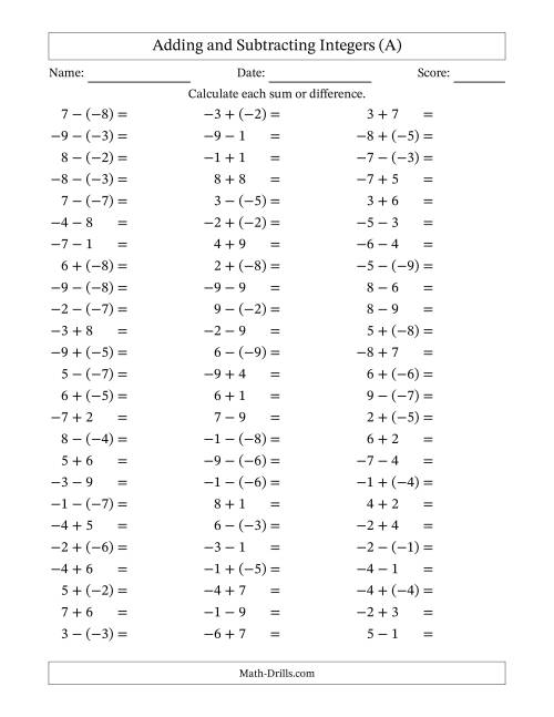 The Adding and Subtracting Mixed Integers from -9 to 9 (75 Questions) (All) Math Worksheet