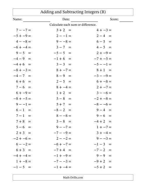 The Adding and Subtracting Mixed Integers from -9 to 9 (75 Questions; No Parentheses) (B) Math Worksheet