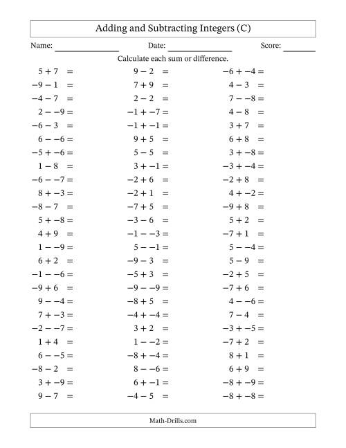 The Adding and Subtracting Mixed Integers from -9 to 9 (75 Questions; No Parentheses) (C) Math Worksheet