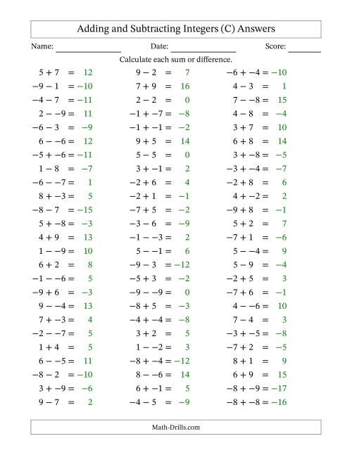 The Adding and Subtracting Mixed Integers from -9 to 9 (75 Questions; No Parentheses) (C) Math Worksheet Page 2