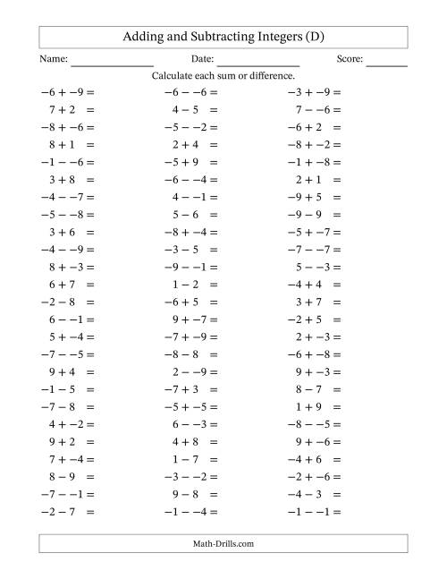 The Adding and Subtracting Mixed Integers from -9 to 9 (75 Questions; No Parentheses) (D) Math Worksheet