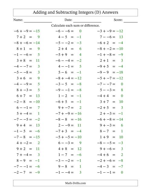 The Adding and Subtracting Mixed Integers from -9 to 9 (75 Questions; No Parentheses) (D) Math Worksheet Page 2