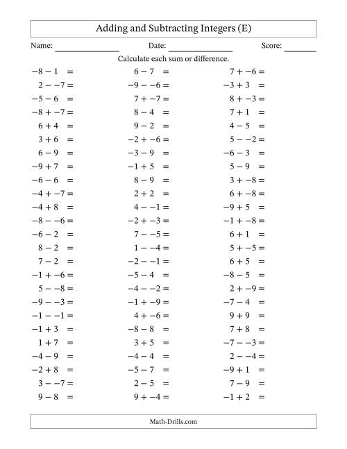 The Adding and Subtracting Mixed Integers from -9 to 9 (75 Questions; No Parentheses) (E) Math Worksheet