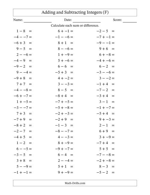 The Adding and Subtracting Mixed Integers from -9 to 9 (75 Questions; No Parentheses) (F) Math Worksheet