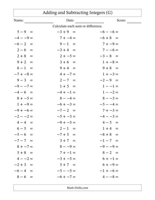 The Adding and Subtracting Mixed Integers from -9 to 9 (75 Questions; No Parentheses) (G) Math Worksheet