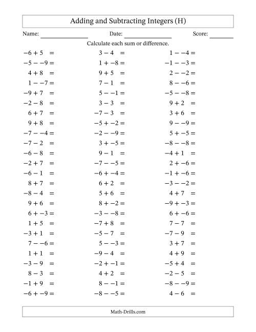 The Adding and Subtracting Mixed Integers from -9 to 9 (75 Questions; No Parentheses) (H) Math Worksheet
